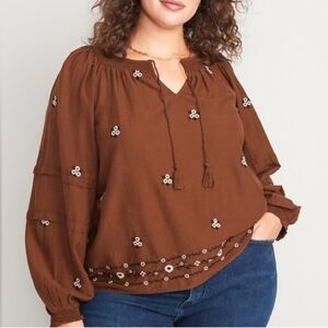 Old Navy Rust Brown Embroidered Peasant Blouse XL